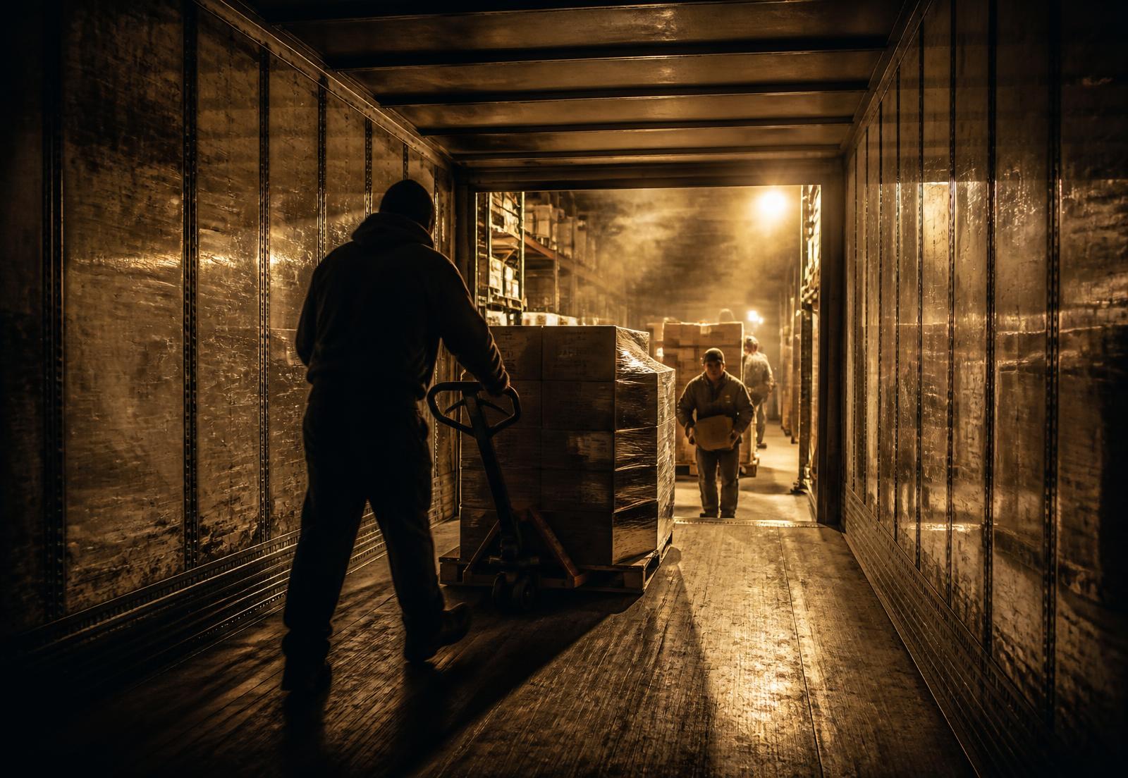 Freight handlers unloading palletized cartons from a 53-foot trailer at a warehouse dock